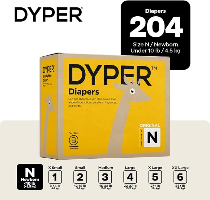 DYPER Newborn Diapers (204 Count) – Plant-Based, Hypoallergenic, Fragrance Free & Ultra Absorbent Baby Diapers for Daytime and Overnight Skin Protection, Monthly Pack Diapers Newborn