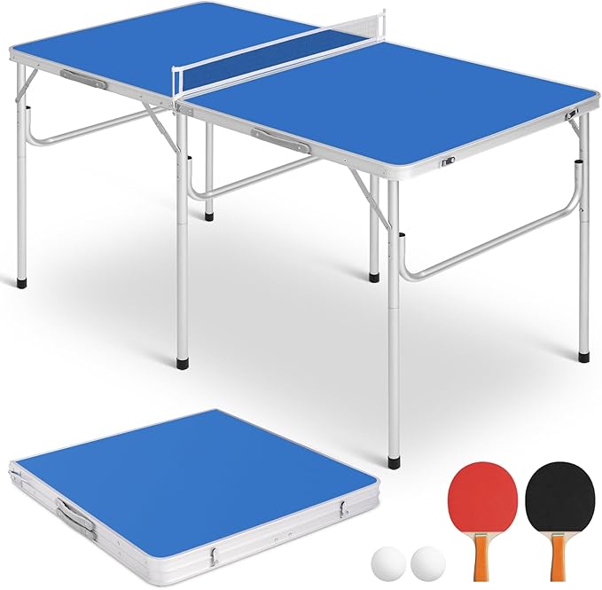 REAHOISY Mid-Size Portable Ping Pong Table, Compact Foldable Table Tennis Table Set w/Net, 2 Paddles & 2 Balls for Indoor ...
