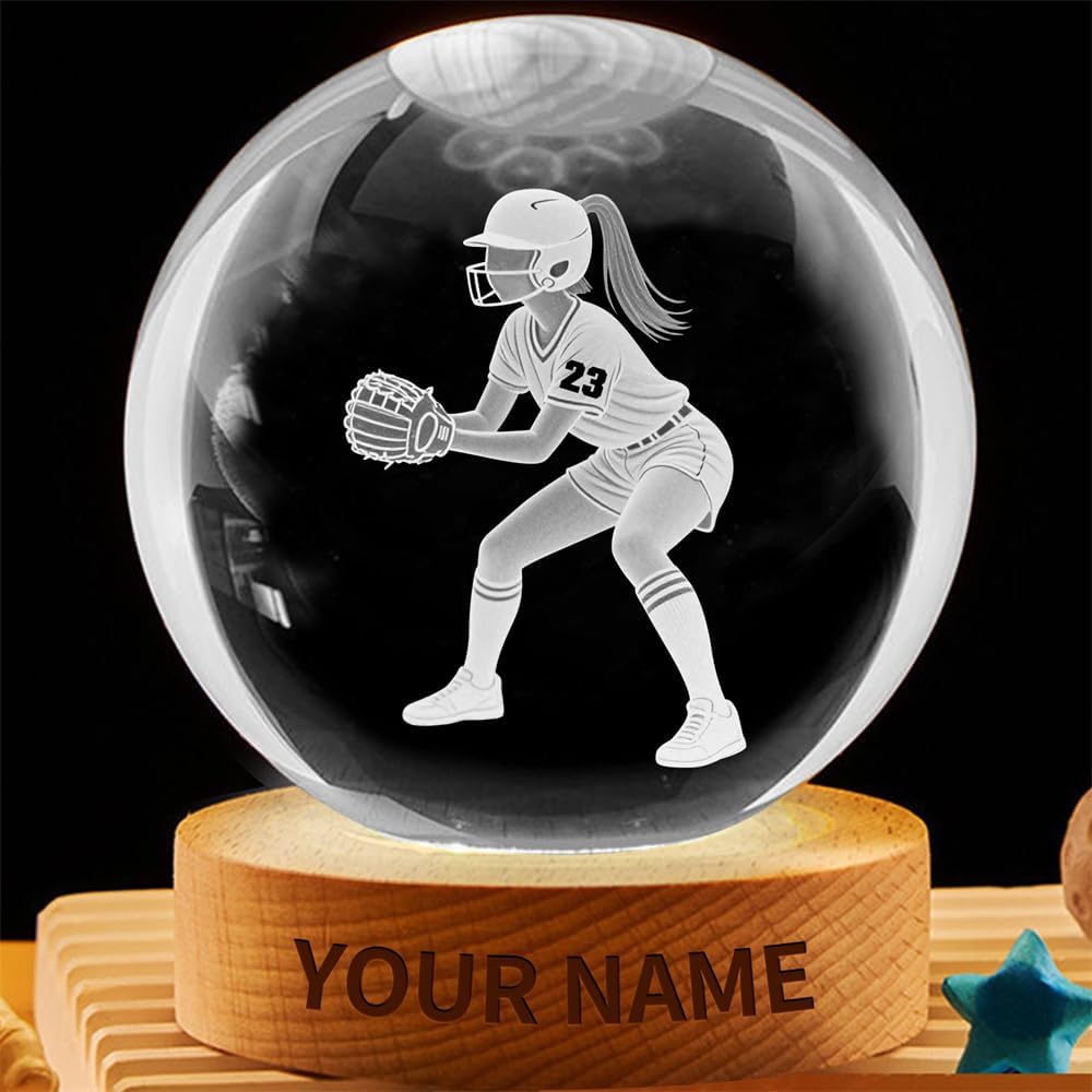 Personalized Softball Crystal Night Light Gift for Women, Custom Name/Number Softball Player 3D Crystal Ball Night Light Lamp for Bedroom Room Sports Decor Party Bar Christmas Birthday Gift
