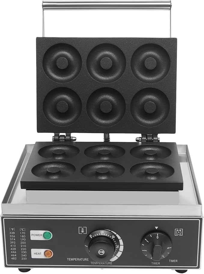 Commercial Waffle Donut Machine, 6 Holes Double-Sided Heating 50-300℃, 110V 1550W, Electric Doughnut Maker, Non-stick Donut MakerTeflon-Coating for Professional Kitchen