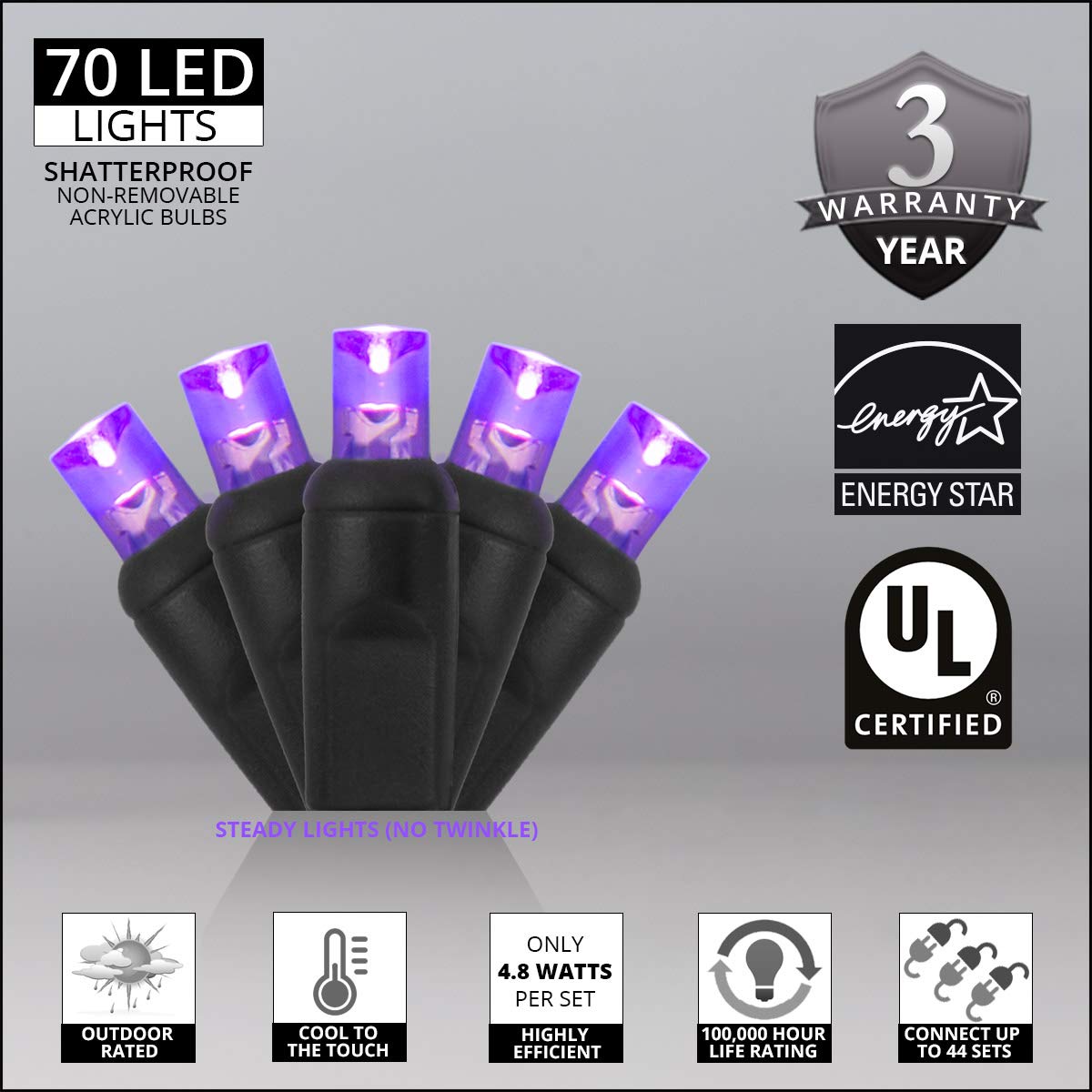 Wintergreen Lighting LED Mini Light Set, 70 Purple Lights, 24 ft, Indoor/Outdoor, 120V UL Certified, Model IOS-2-35-2