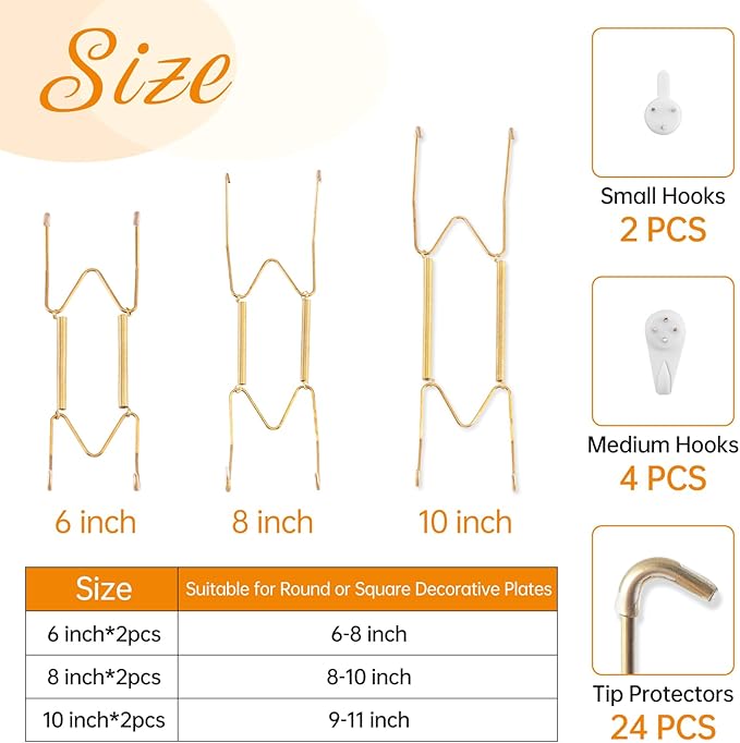 Bilillo 6-Piece Stainless Steel Wall Plate Hangers, 6/8/10 Inch Invisible Decorative Wire Plate Holders with 6 Pieces Wall Hooks for 6 to 11 Inch (Gold)