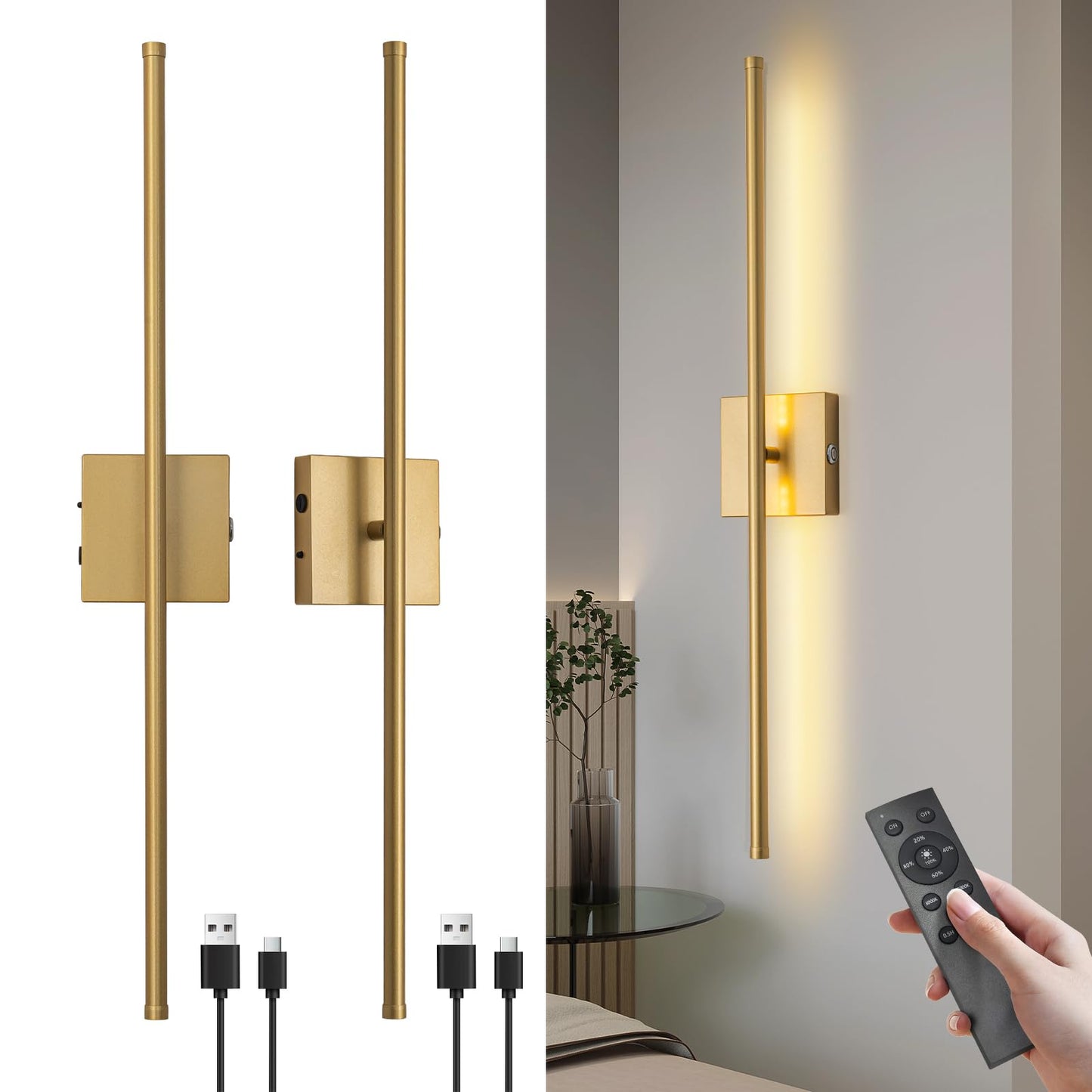 usiopup Battery Operated Wall Sconces, Gold Metal Vanity Lights, 28.3-Inch, Set of Two with Remote Control, Model 1610