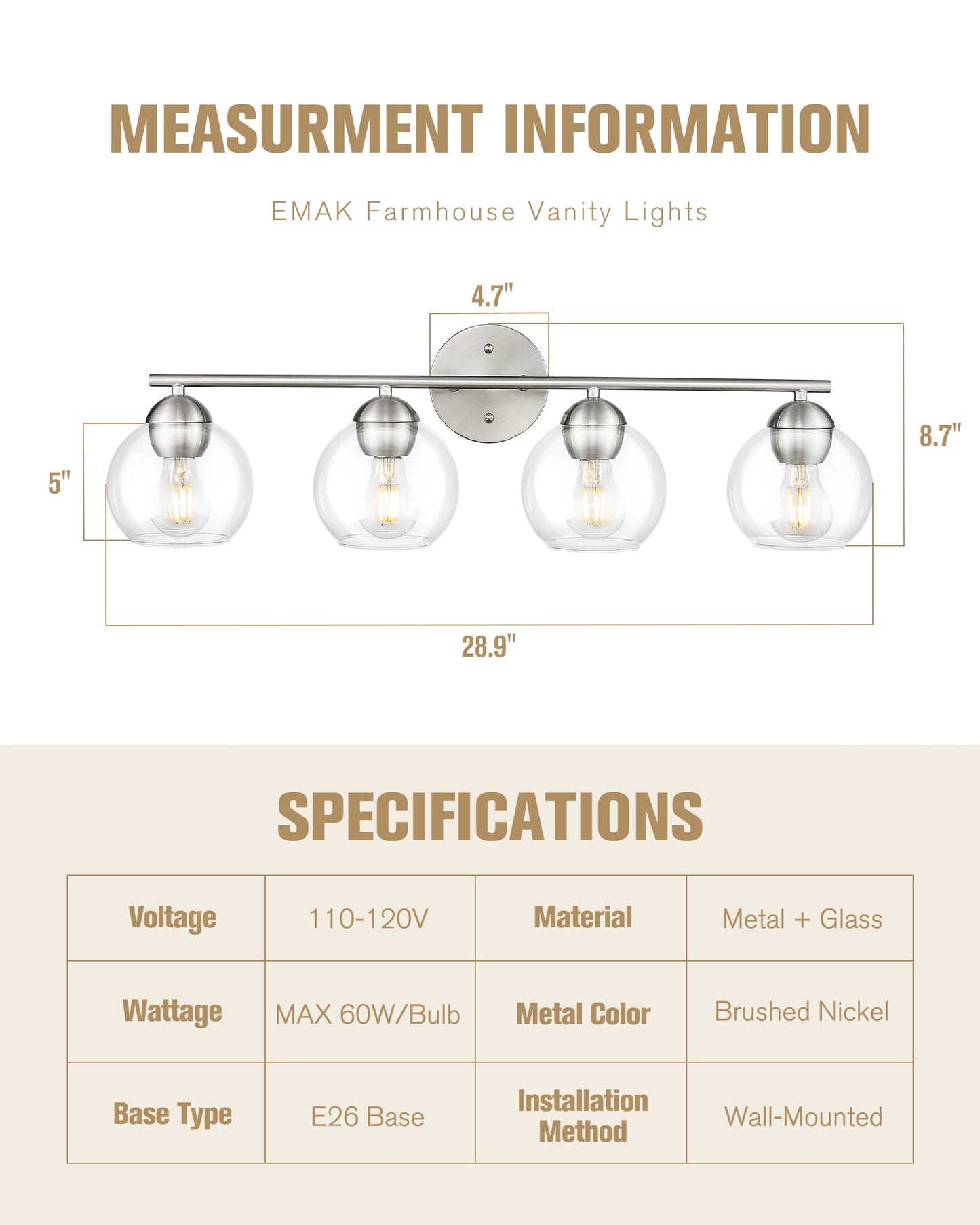 Emak Mak 4-Light Bathroom Vanity Light  29 Inch Brushed Nickel Bathroom Light  Globe Vanity Lighting With Clear Glass Shade For Bath  Vl114-Bn-4