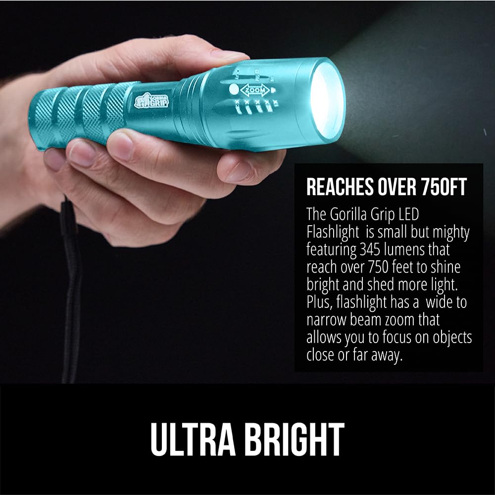 Gorilla Grip LED Tactical Flashlight, 750 FT Zoom, 5 Modes, Water Resistant, Metal, Turquoise, Model 840029670934