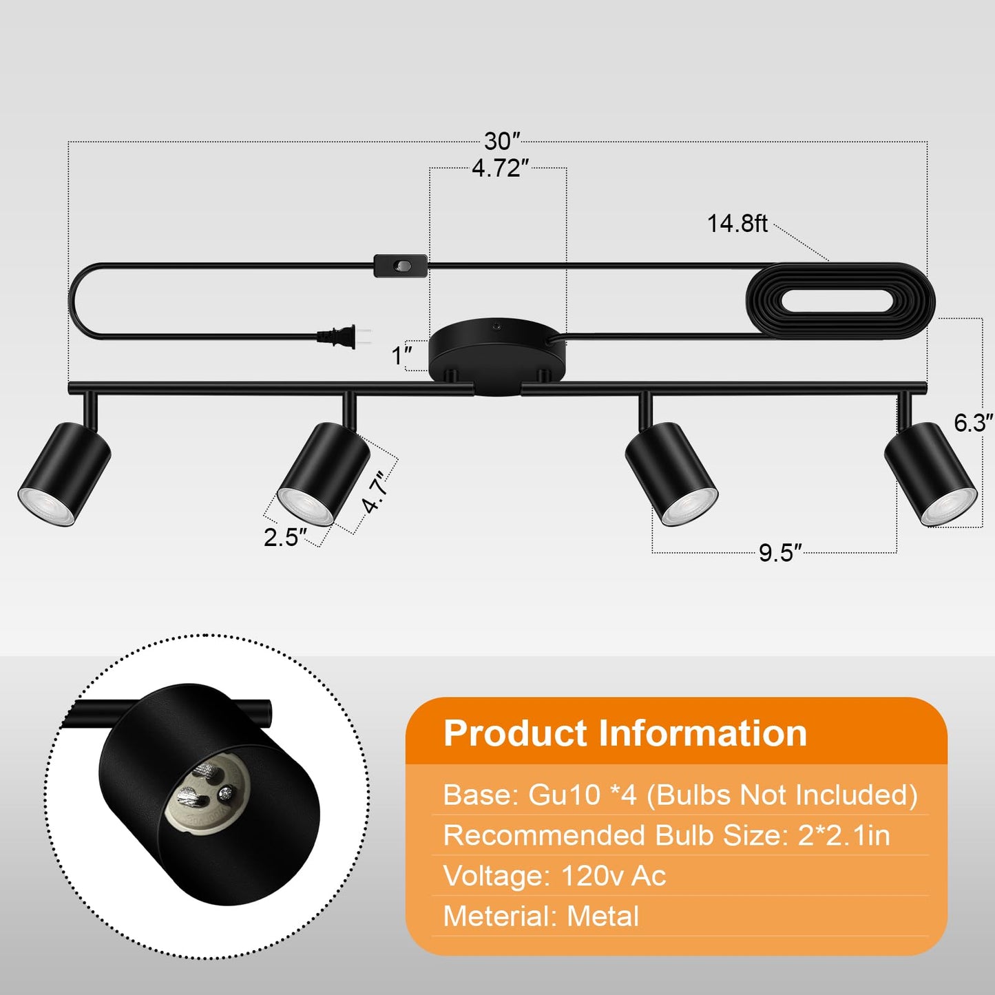 Plug In Track Lighting  Led Track Lighting Fixtures Ceiling  Black 4-Light Kitchen Light Kit  Plug In Wall Light With 14.8Ft Power Cord  Rotatable Ceiling Spotlight For Bedroom(Gu10 Socket  No Bulb)
