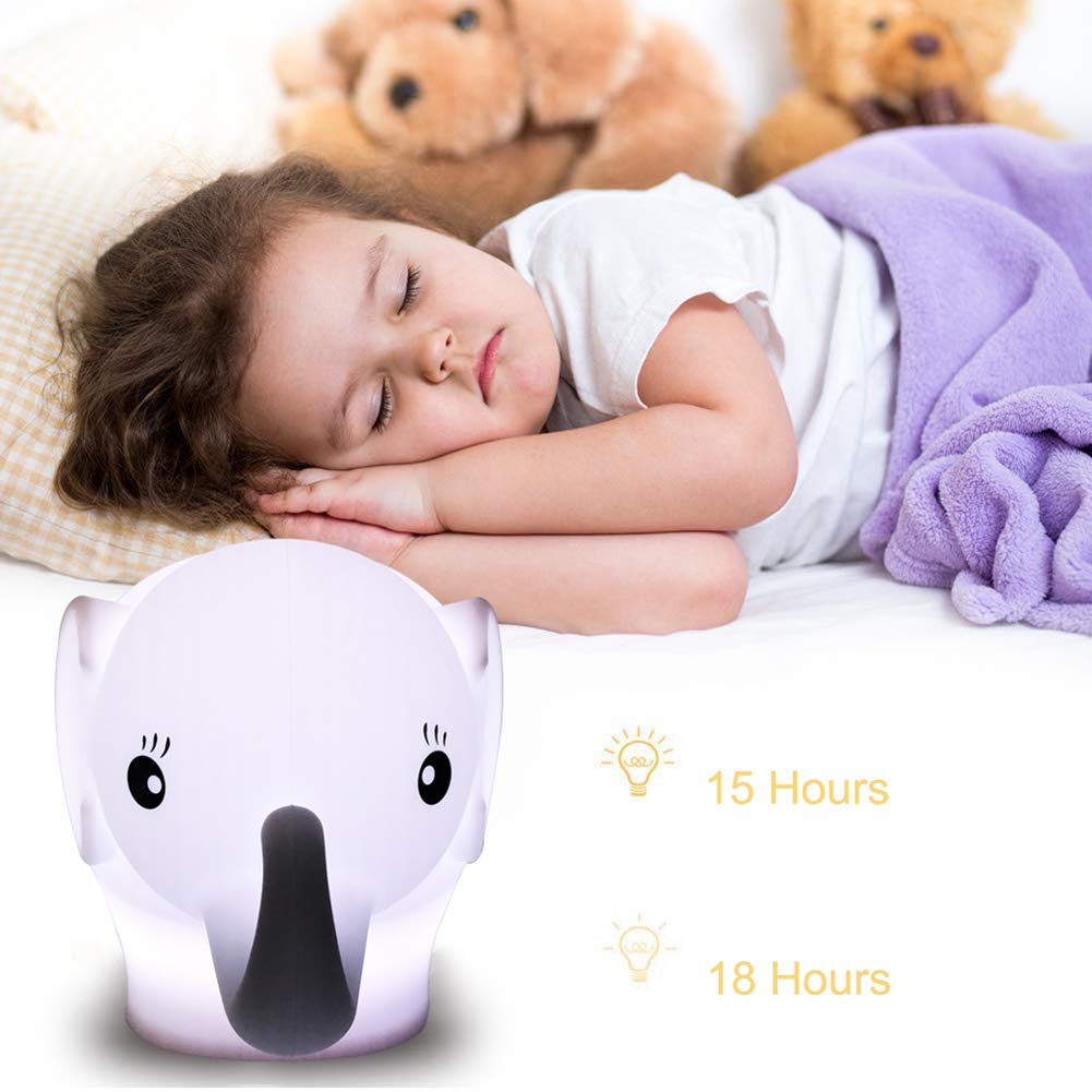 Tianhaixing LED Night Light for Kids, Cute Elephant Design, Rechargeable, Touch & Remote Control, White, Model THX8860