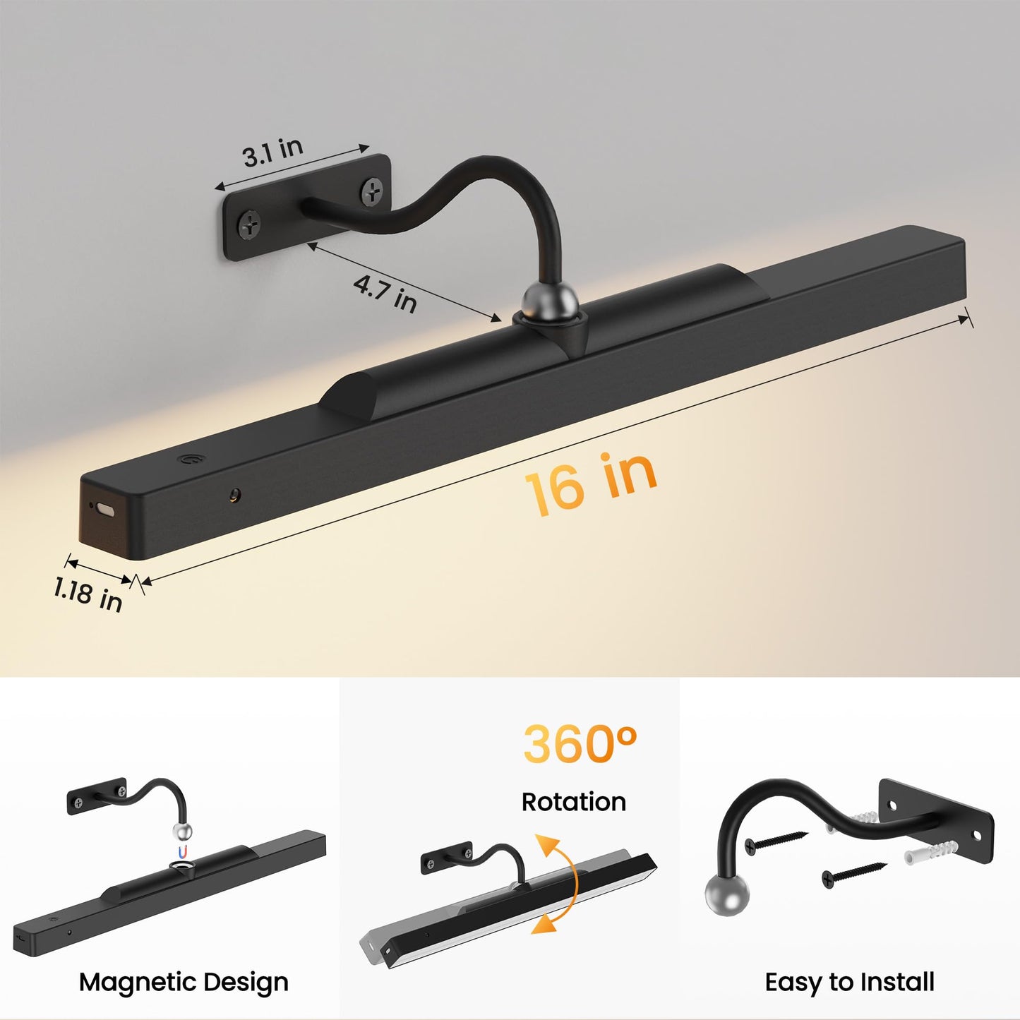 Craftersmark Picture Light, 16in Battery Operated, Dimmable, 3 Pack, Metal, Black