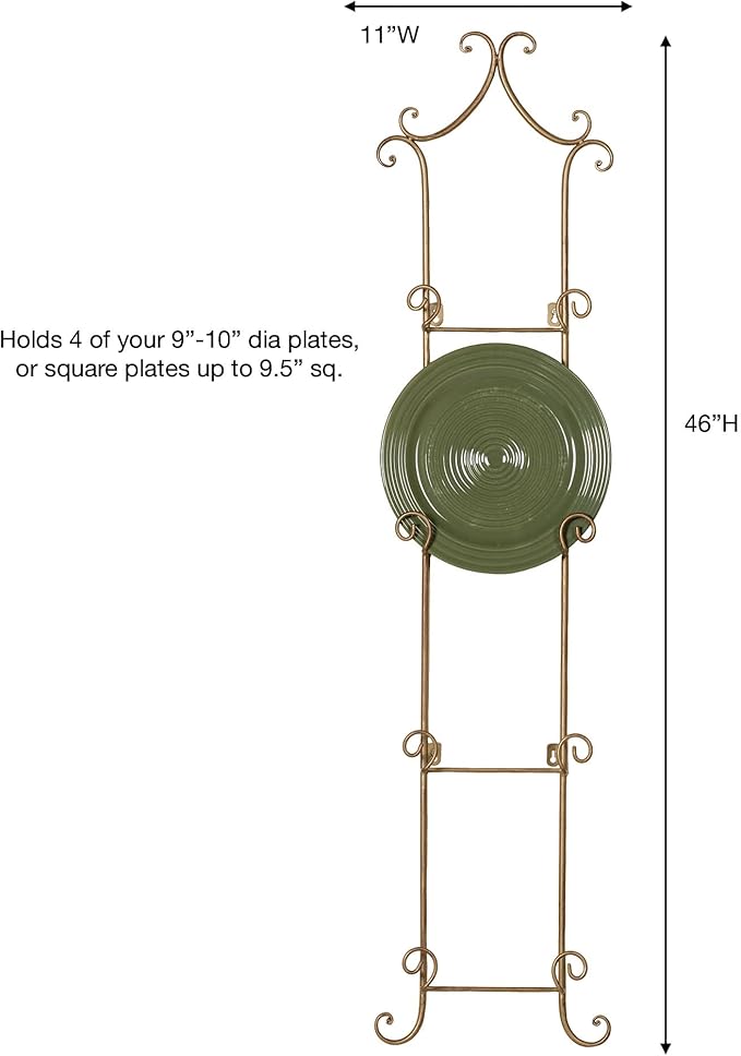 Touch of Class Regalla Scroll - Vertical Hanging Plate Rack - For 9-10" dia. Plates - Satin Gold Finish - 46 in. tall Four-Plate Rack