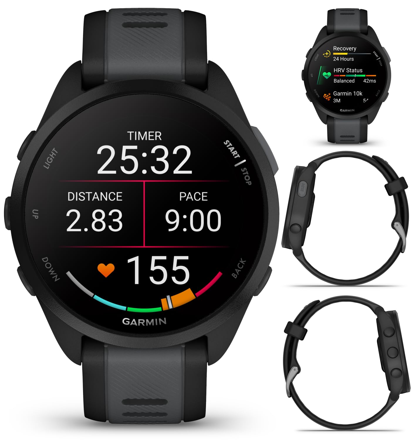 Wearable4U - Garmin Forerunner 165 Running Smartwatch, Colorful AMOLED Touchscreen, Training Metrics and Recovery Insights Includes PowerPack, Adapters Bundle, Black/Slate Gray