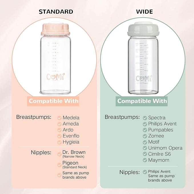 COMI Natural Glass Baby Bottle,Standard Neck Breastmilk Storage Bottle for Fridge,Breast Milk Container,Breast Pump Bottle Compatible with Medela Breast Pump,BPA Free,6PCS (5oz,6 Pink Lids)