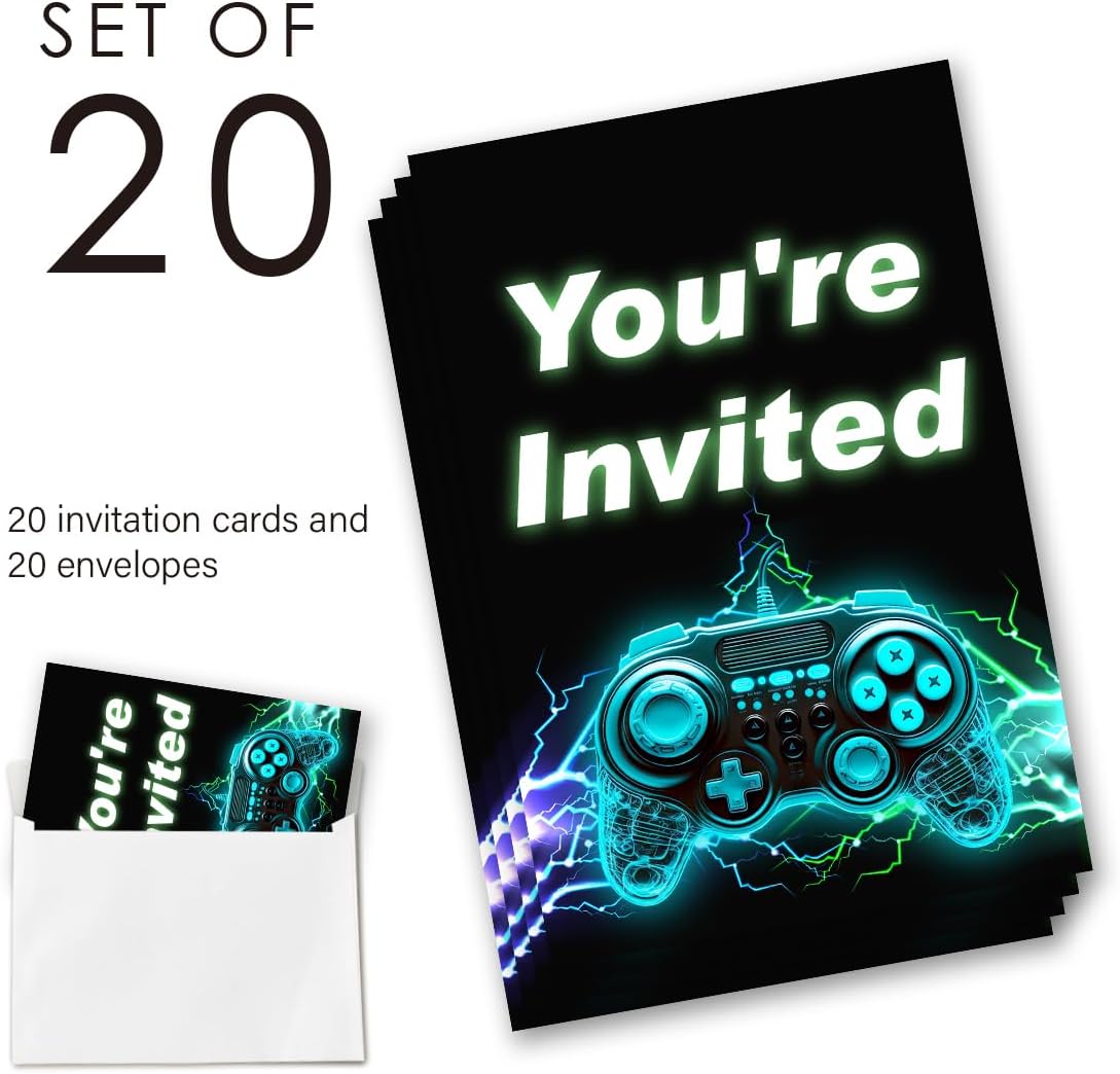 EUDOSI Video Game Birthday Party Invitations Supplies Fill-In Set of 20 with Envelopes Game on Birthday Bash Invites Cards, Double Sided