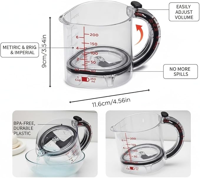 4-in-1 Adjustable Measuring Cup with Scraper Lid & Push-Up Base, Multi-function 1 Tbsp to 1 Cup Kitchen Tool for Sticky Ingredients, Baking & Cooking, Space Saving Design (Size Options) (1)
