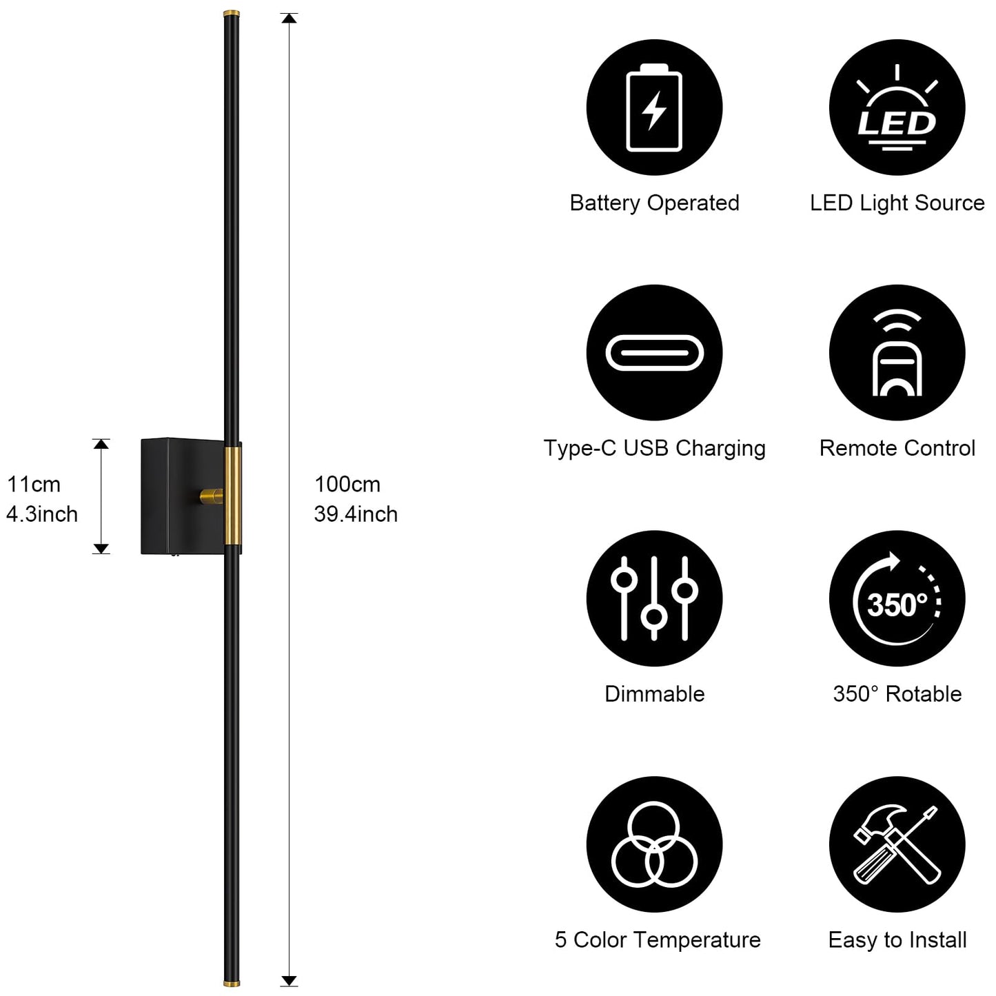 JZEKVN Battery Operated Wall Sconce Set of Two, Dimmable 3000K-6000K, 39.4in, Black & Gold, Model 202411140