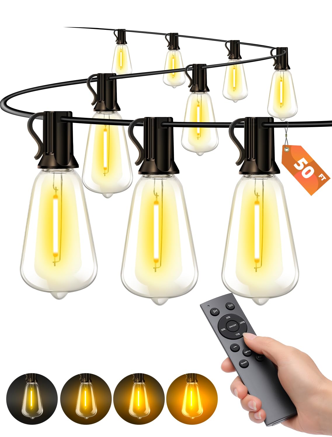Vozuji Outdoor Patio String Lights: 50Ft 15M Outside Waterproof Light - Remote Dimmable St38 Shatterproof Bulb Connectable Hanging Outdoor Electric Lighting - Backyard Yard Gazebo Porch Party
