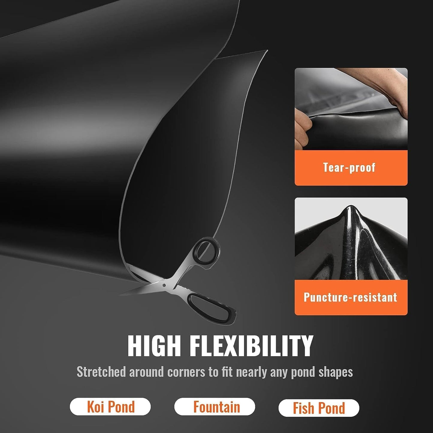 VEVOR 10 x 15 ft Pond Liner, 45 Mil Thickness, Pliable & Durable EPDM Material, Easy Cutting Underlayment for Fish or Koi,Waterfall, Fountains, Water Gardens, Black