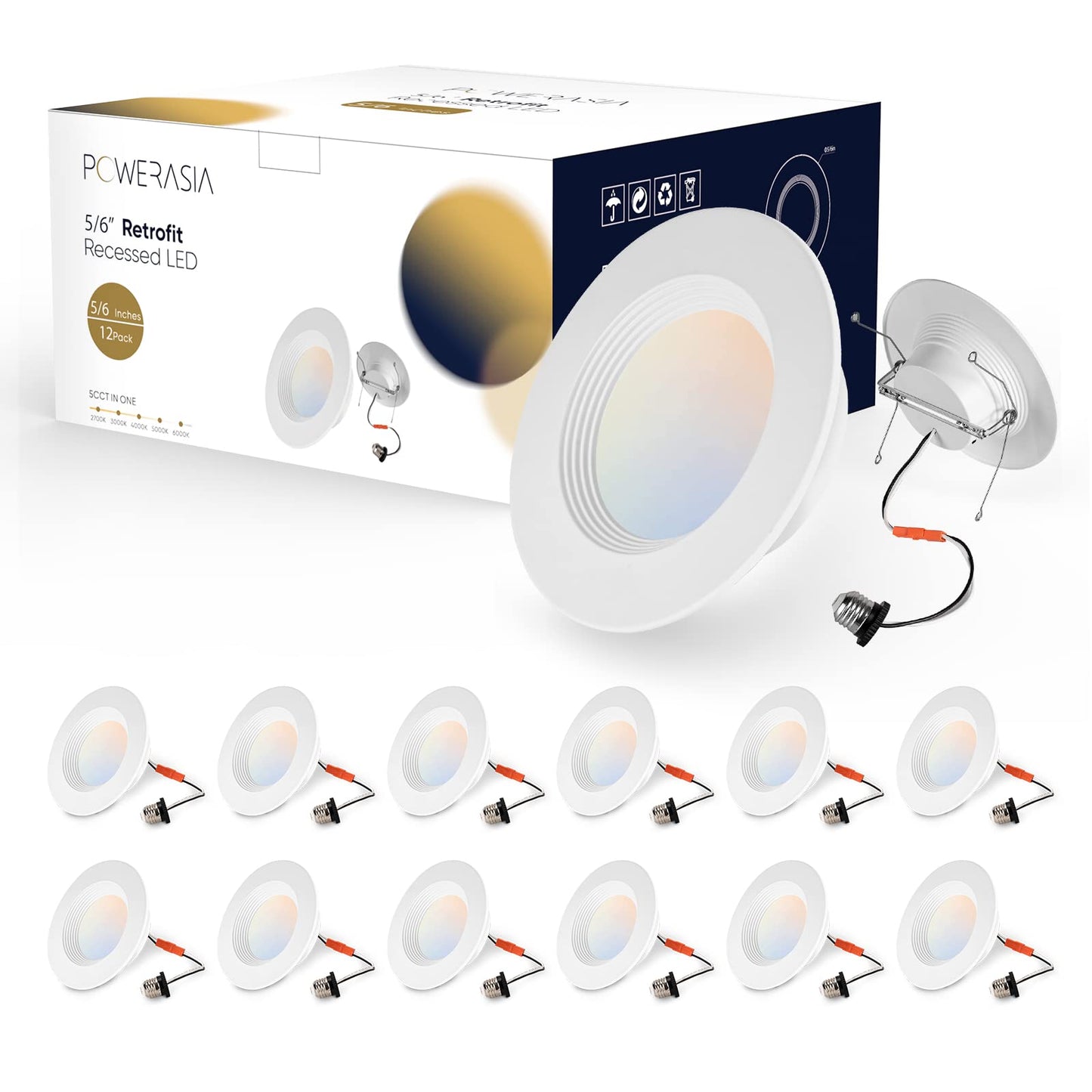 POWERASIA 12 Pack 6 Inch 5CCT Dimmable LED Recessed Lights, Metal LED Retrofit Can Lights 12W=75W, 1200LM, Selectable 2700K-6000K, ETL and Energy Star Certified