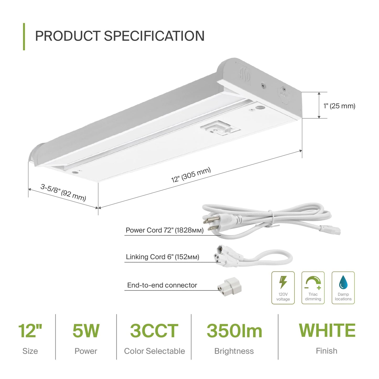 ASD Swivel LED Under Cabinet Light, 12 Inch, Dimmable, 5W, 2700K/3000K/4000K Selectable, Hardwired/Plug-in