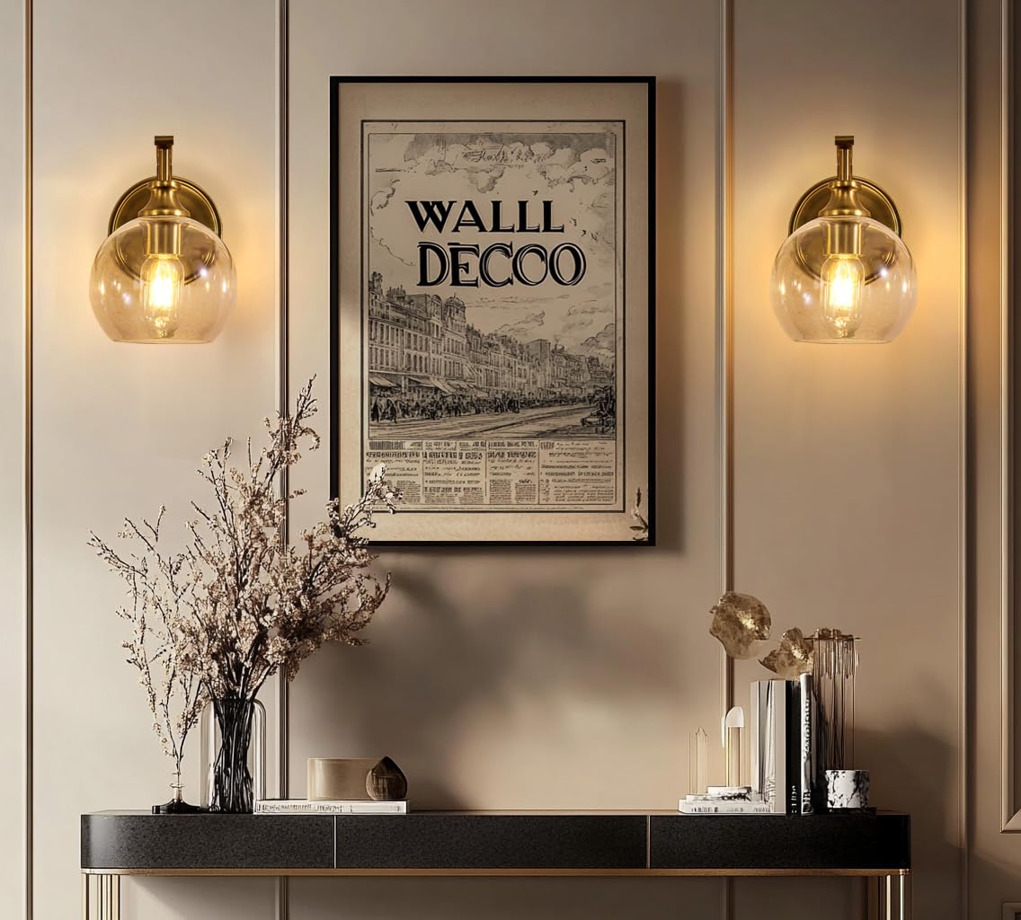 Andy Star Brushed Gold Bathroom Light Fixtures  Brass Vanity Lights For Mirror  1-Light Bathroom Wall Sconces Lighting With Globe Clear Shade Up Or Down Wall Mounted For Kitchen  Living Room  Hallway