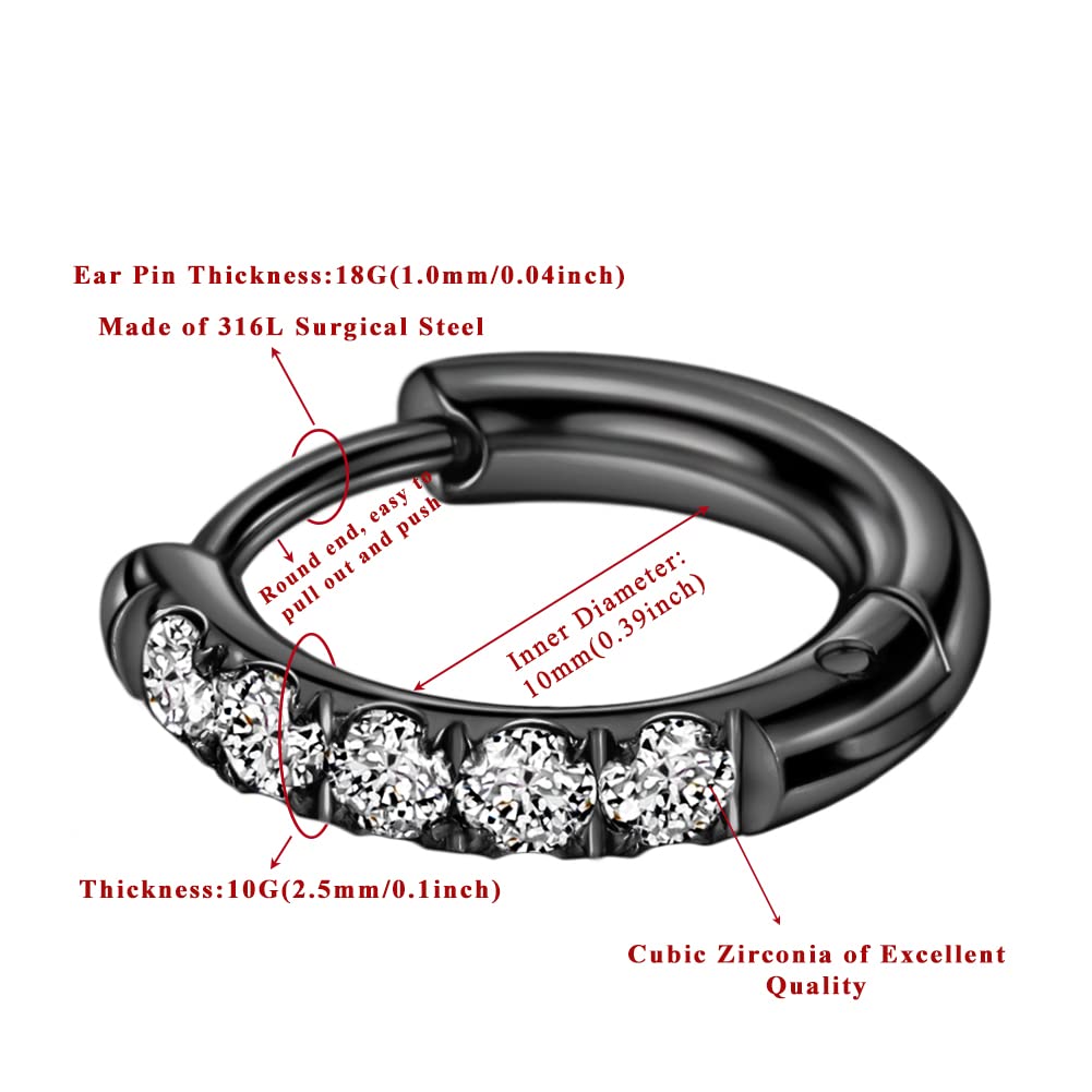 TDEBA 10mm Stainless Steel Hoop Earrings, 10G Black Cubic Zirconia Huggie Earrings for Women & Men, Surgical Steel Earrings, Hyp