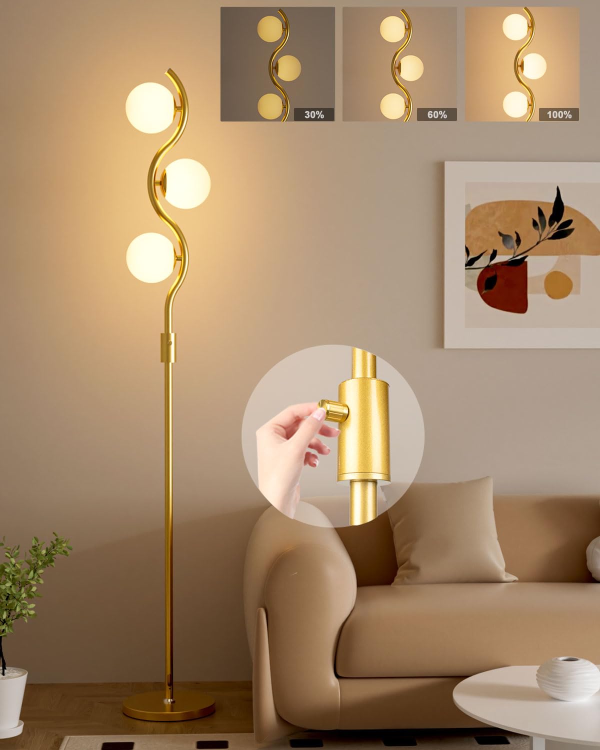 Lightdot 60In Dimmable Gold Floor Lamp, Mid Century Metal Design, 3 Globe Warm White Bulbs, Model Yrfll-E26Xx-26