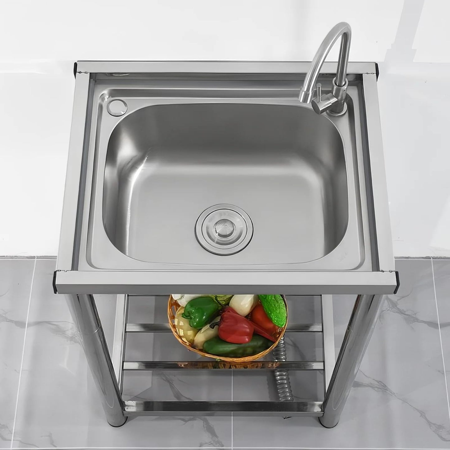 Vivrhintty Free Standing Stainless-Steel Single Bowl Kitchen Sink Set with Faucet, Utility Washing Hand Sink for Indoor and Outdoor Use