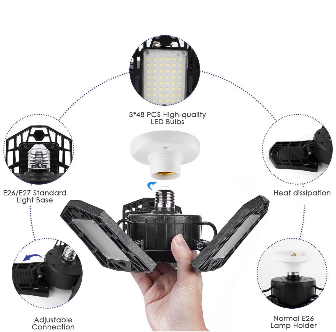 KONPWAY Deformable LED Garage Light 6000 Lumen 60W Aluminum Daylight HM Garage Lights 01