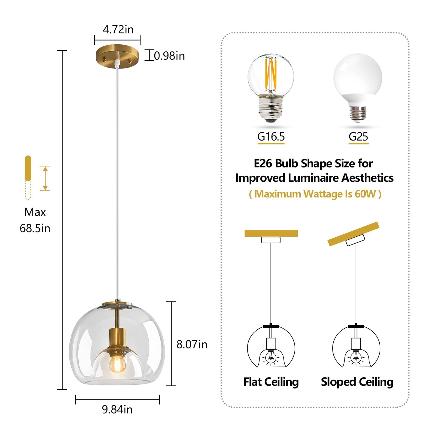 Lbsqj Clear Glass Pendant Lights Kitchen Island Gold Hanging Light Fixture Glass Globe Pendant Light Modern Pendant Lighting For Kitchen Island Bedroom Dining Room (9.84  1 Pack)