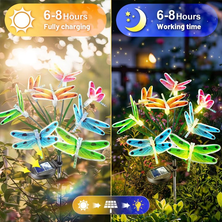 Anordsem Solar Garden Lights Outdoor: 8 Removable Fiber Optic Fabric Dragonflies 4 Pack - Waterproof Fun Animal Decoration For Yard Patio - Gardening Gifts For Garden Lovers