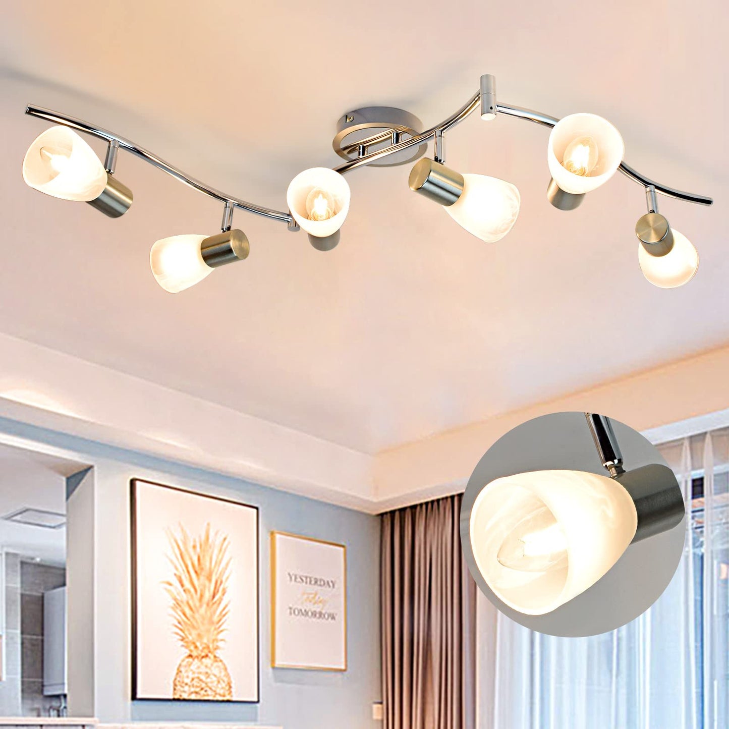 DINGLILIGHTING DLLT 6-Light Track Lighting Rail, Modern LED Spot Fixture, Metal, Nickel Finish, Model WS-FNG29-40B