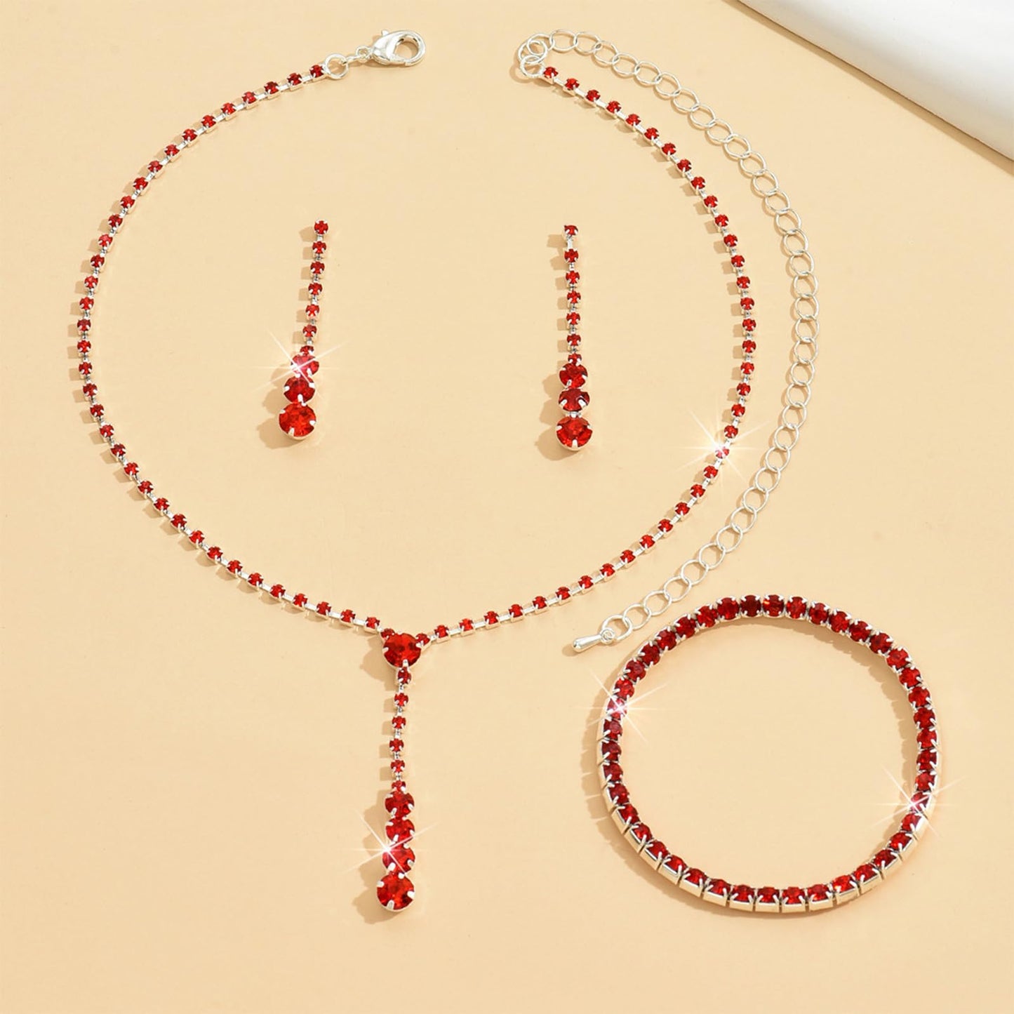 HUASAI Red Wedding Jewelry Sets for Brides Rhinestone Necklace Earrings Bracelet Set Bridal Costume Jewelry for Women Formal Wed