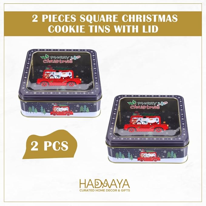 Metal Cookie Tin with Clear Lid 2 Pack – Square Multipurpose Storage Container for Cookies, Candy, Snacks, Chocolate Cake, Crafts – Ideal for Parties & Gift Giving – Merry Christmas Design