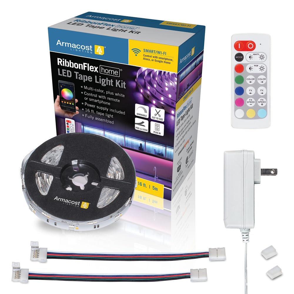 Armacost Lighting RibbonFlex 16ft RGB+W Smart LED Tape Light Kit, Multicolor, Model 423500, Plastic Material