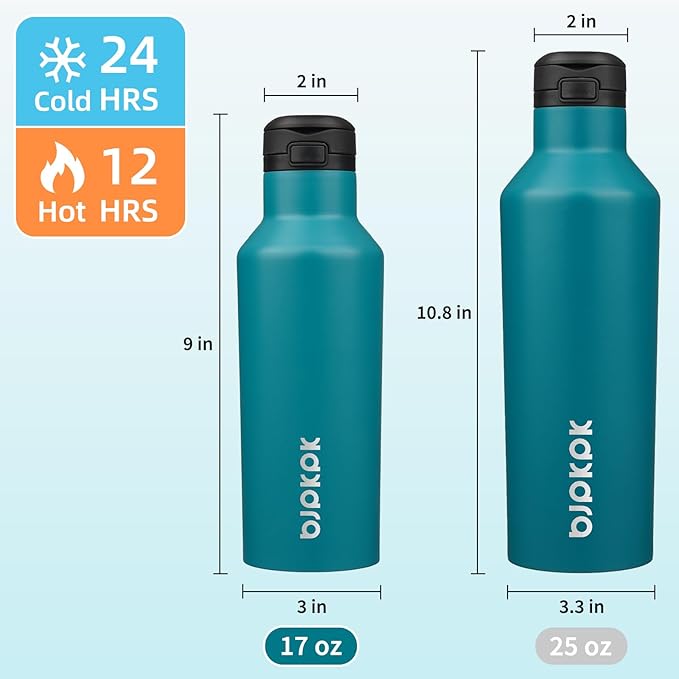 BJPKPK Insulated Water Bottle With Straw 17oz Stainless Steel Water Bottles With 2 Lids And Carry Handle Reusable Travel Metal Thermal Flask,Lake Blue
