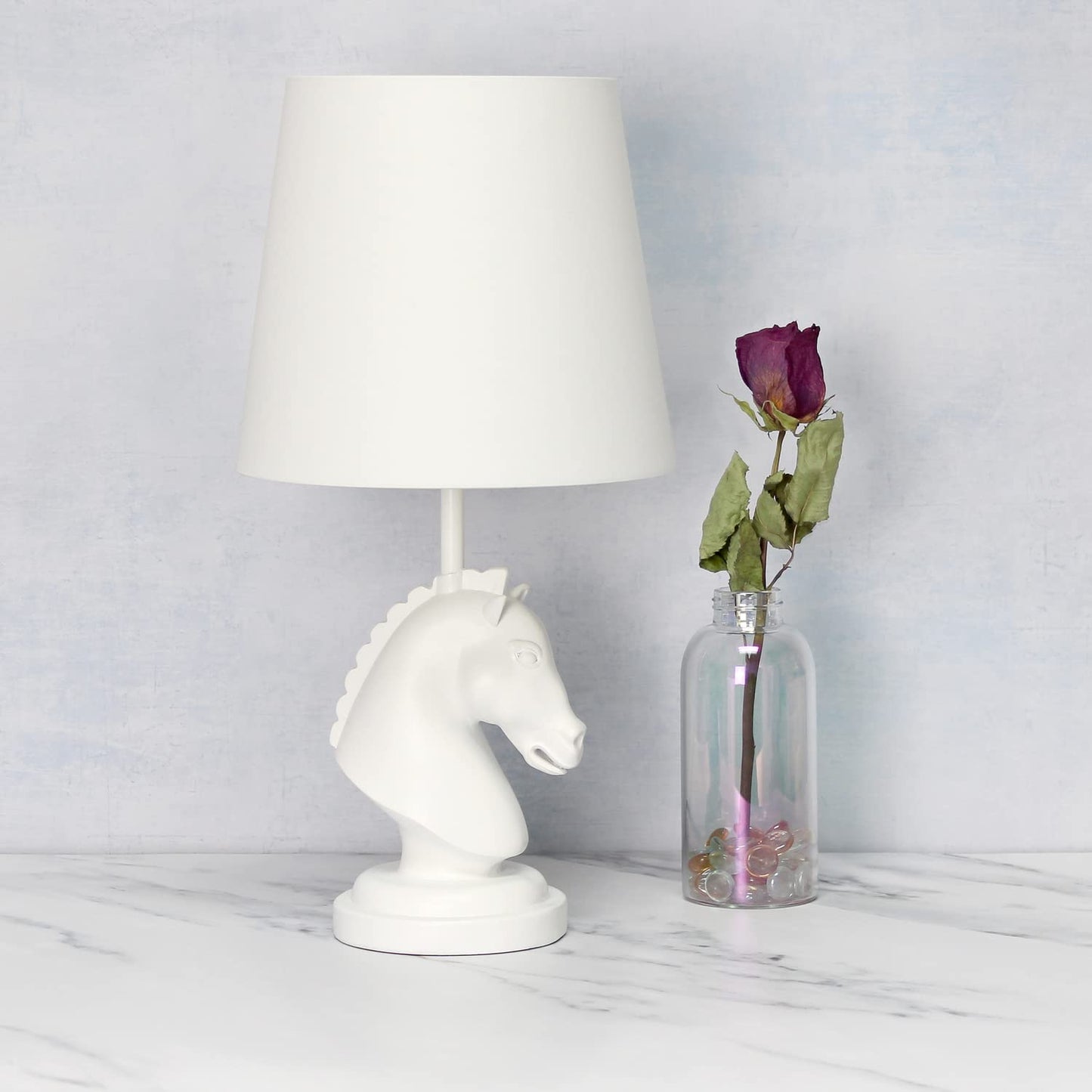 Simple Designs LT1089-WHT Decorative Chess Horse Table Lamp, 17.25in Tall, White Polyresin with Fabric Shade
