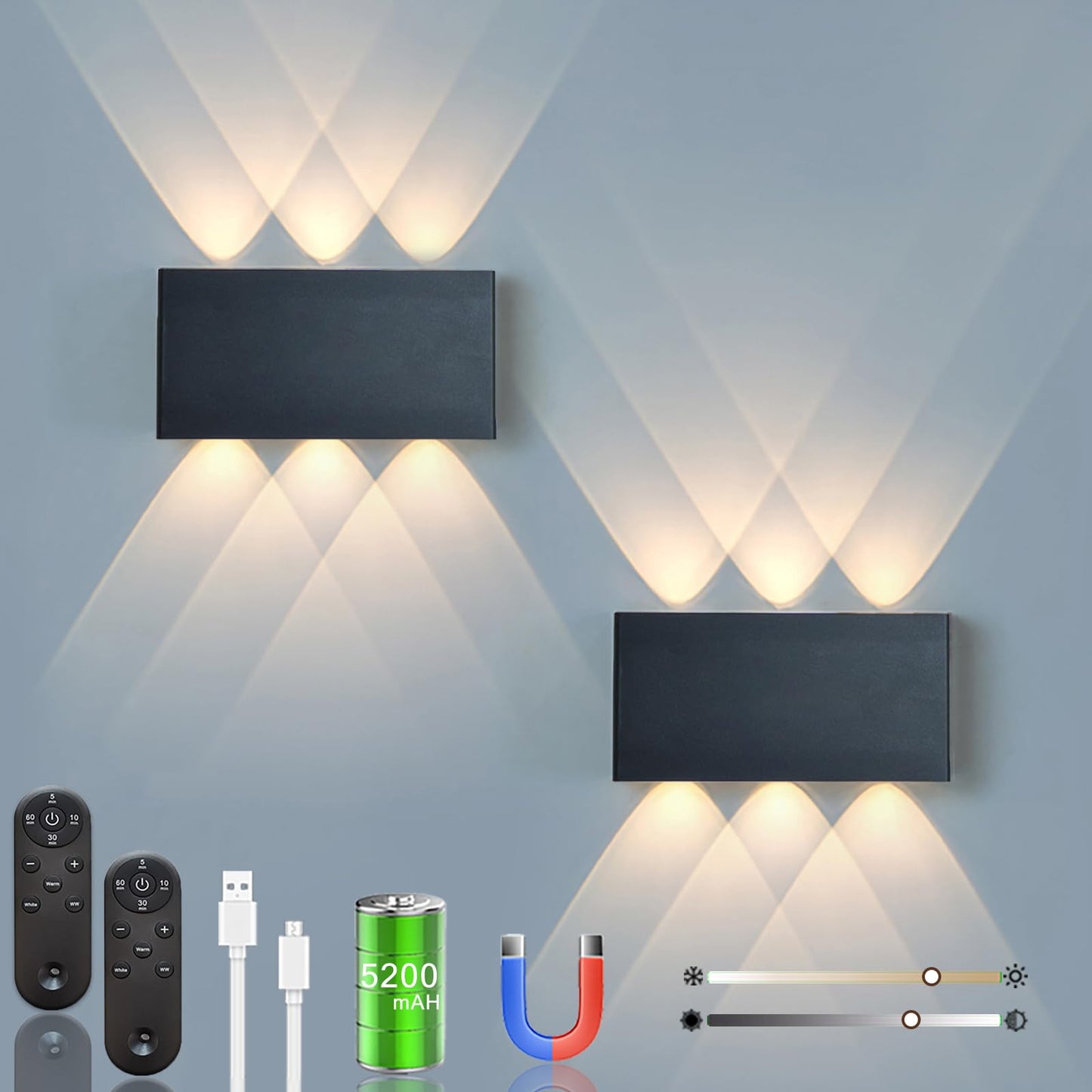 Shelprojsu LED Wall Sconce Set of 2, Rechargeable Battery Operated, Dimmable, Remote Control, Black, Model WA807