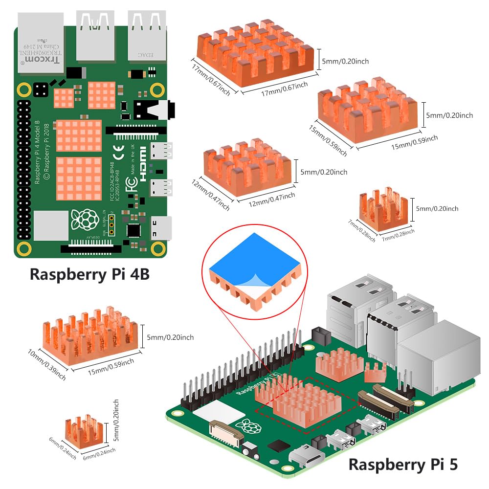 Geeekpi 18Pcs Pure Copper Heatsinks For Raspberry Pi 5/4B, Cpu Cooler With Thermal Conductive Adhesive Tape