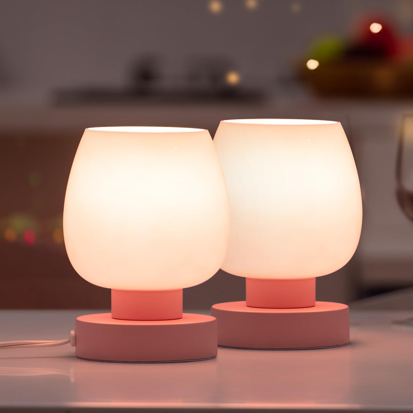 ONEWISH Touch Bedside Table Lamps Set of 2, Dimmable, Glass, Non-USB, Modern Design, Pink, Model 13TAB018USC