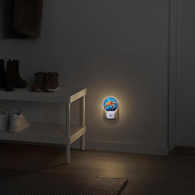 Round LED Night Lights Lamp with Dusk to Dawn Sensor, Orange Sea Turtle Swimming Gracefully Night Light Plug Into Wall for Kids Room, Bedroom, Bathroom, Kitchen, Hallway