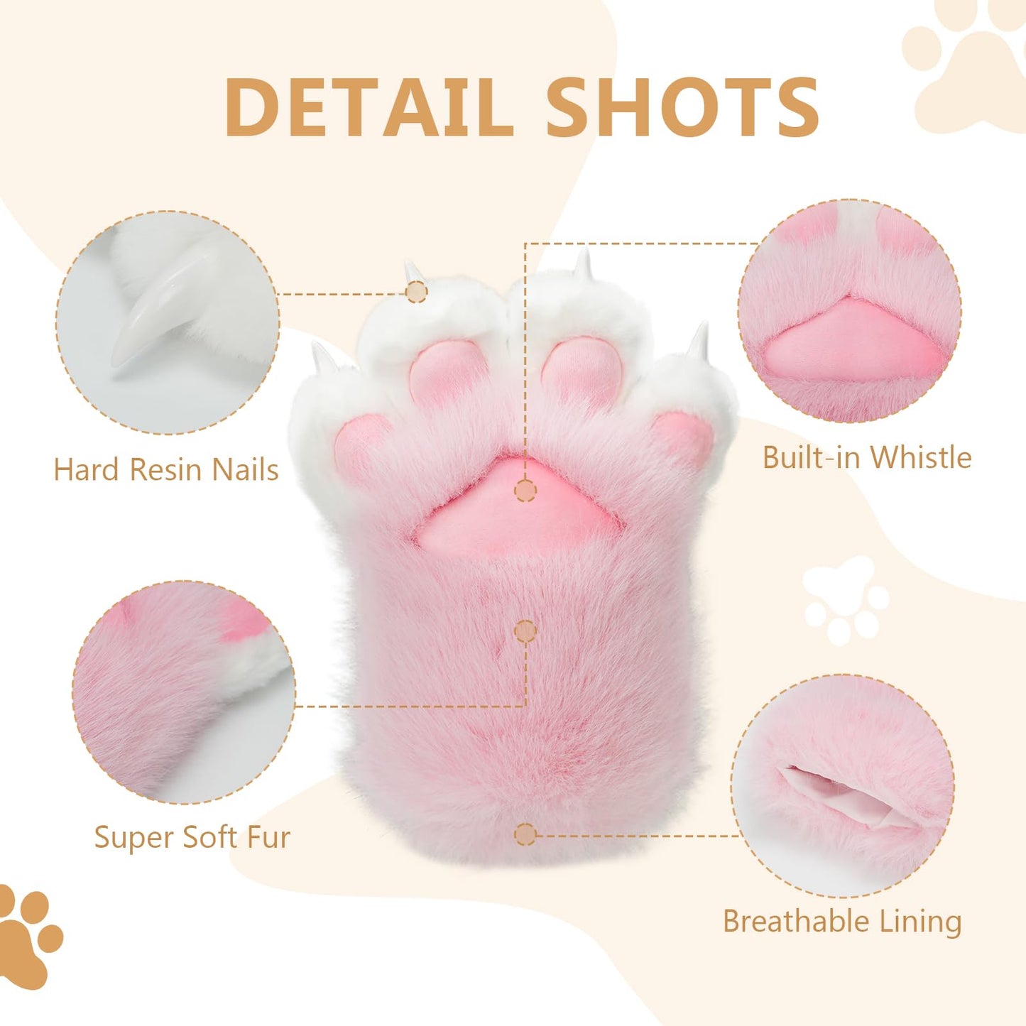 Furry Paws Gloves Soft Claw Finger Gloves for Furry Costume, Perfect for Cat and Fox Fursuit Paws, Therian Cosplay Accessories(Pink, Large)