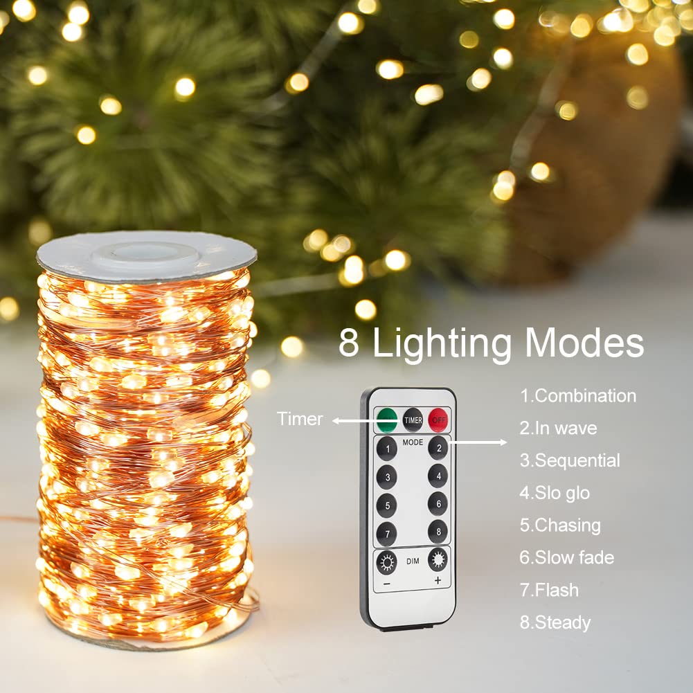 Resnice 660Ft Waterproof Copper Wire Fairy Lights, Warm White, 2000 Led With Remote For Garden, Patio, Christmas Decoration