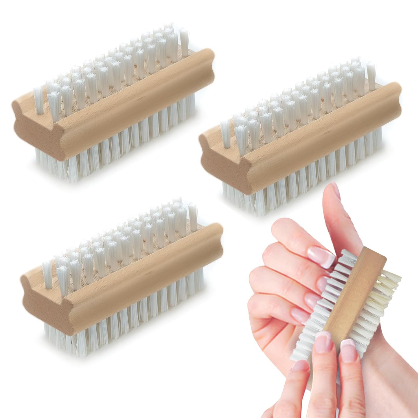 LOLA Classic Hand & Nail Wood Brush, 3 Pack, Heavy Duty 2 Sided Soft & Stiff Bristles, Cleans Hands, Fingernails, Feet & Toenail