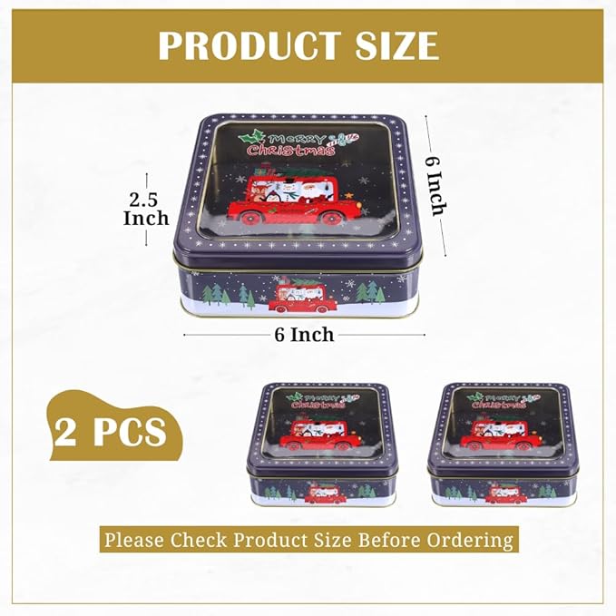 Metal Cookie Tin with Clear Lid 2 Pack – Square Multipurpose Storage Container for Cookies, Candy, Snacks, Chocolate Cake, Crafts – Ideal for Parties & Gift Giving – Merry Christmas Design