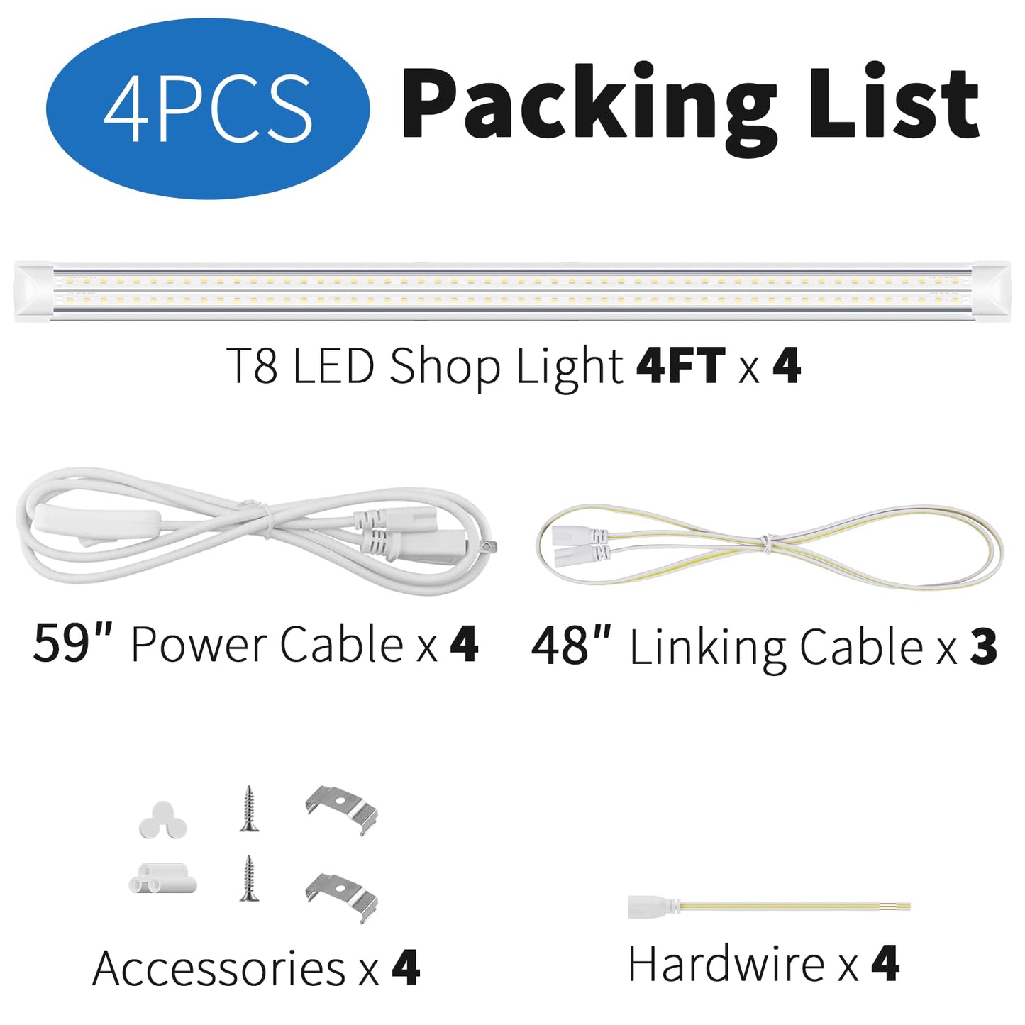 Suslum 4-Pack T8 Led Shop Light 4Ft  42W 6300 Lumen 6000K Cool White  4 Years Warranty  Linkable And Plug And Play Lights For Garage Ceiling Workshop Commercial Lighting