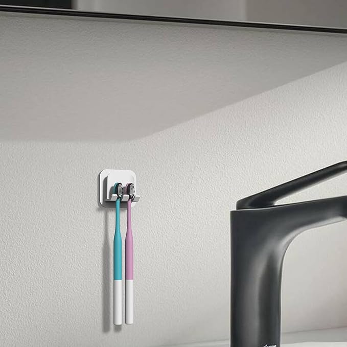 2 PCS Self-Adhesive Toothbrush Holders Wall Mounted, Water Proof Toothbrush Hook, 2 in 1 with Toothbrush Hanger and Gargle Cup Holder for Bathroom Shower (White)