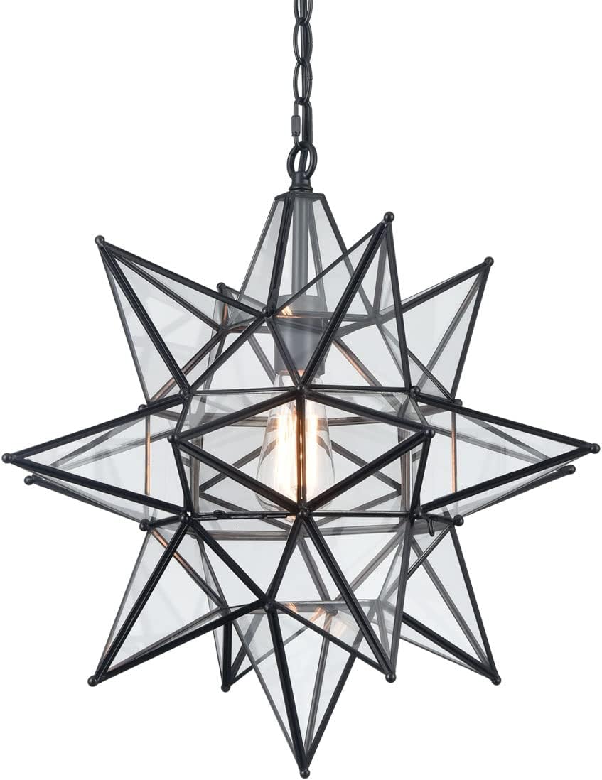 DIRYZON Boho Moravian Star Pendant Light 20 Inch Large Black Hanging Ceiling Light，Modern Clear Glass Pendant Lighting for Kitchen Island Porch Bedroom