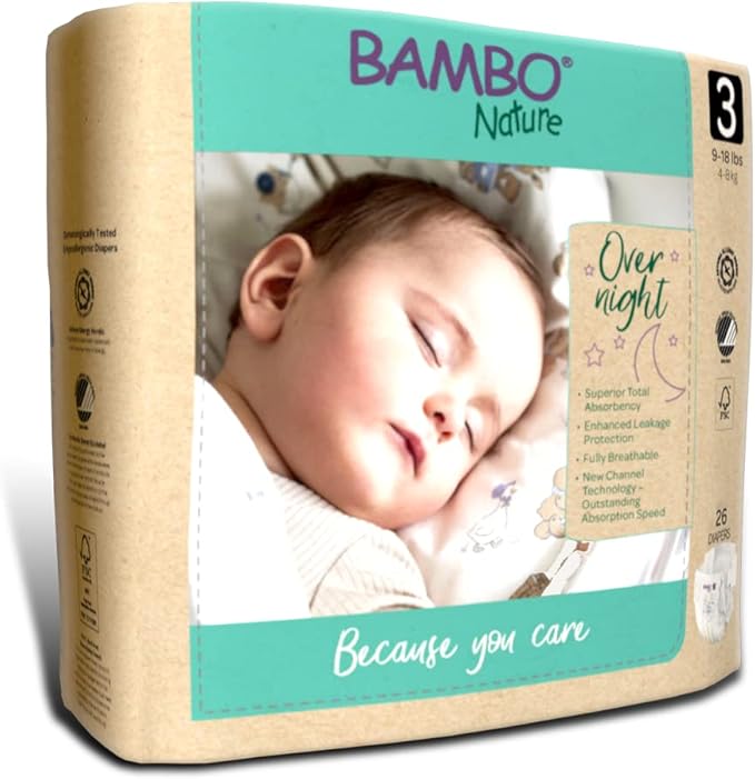 Bambo Nature Hypoallergenic Overnight Baby Diapers, Eco-Labelled Overnight Diapers, Totally Chlorine-Free, Skin Friendly, Super Absorbent - Size 3 (26 Count)