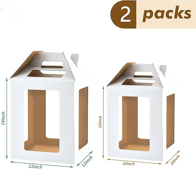 Tall Cake Box with Windows, 10x10x12 & 12x12x14 inches, Large Tiered Cake Boxes，Cake Carrier Container Set for 10 & 12 inch Cakes, White, 2 Pack