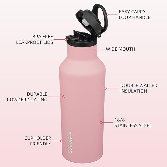 BJPKPK Insulated Water Bottle With Straw 17oz Stainless Steel Water Bottles With 2 Lids And Carry Handle Reusable Travel Metal Thermal Flask,Light Pink