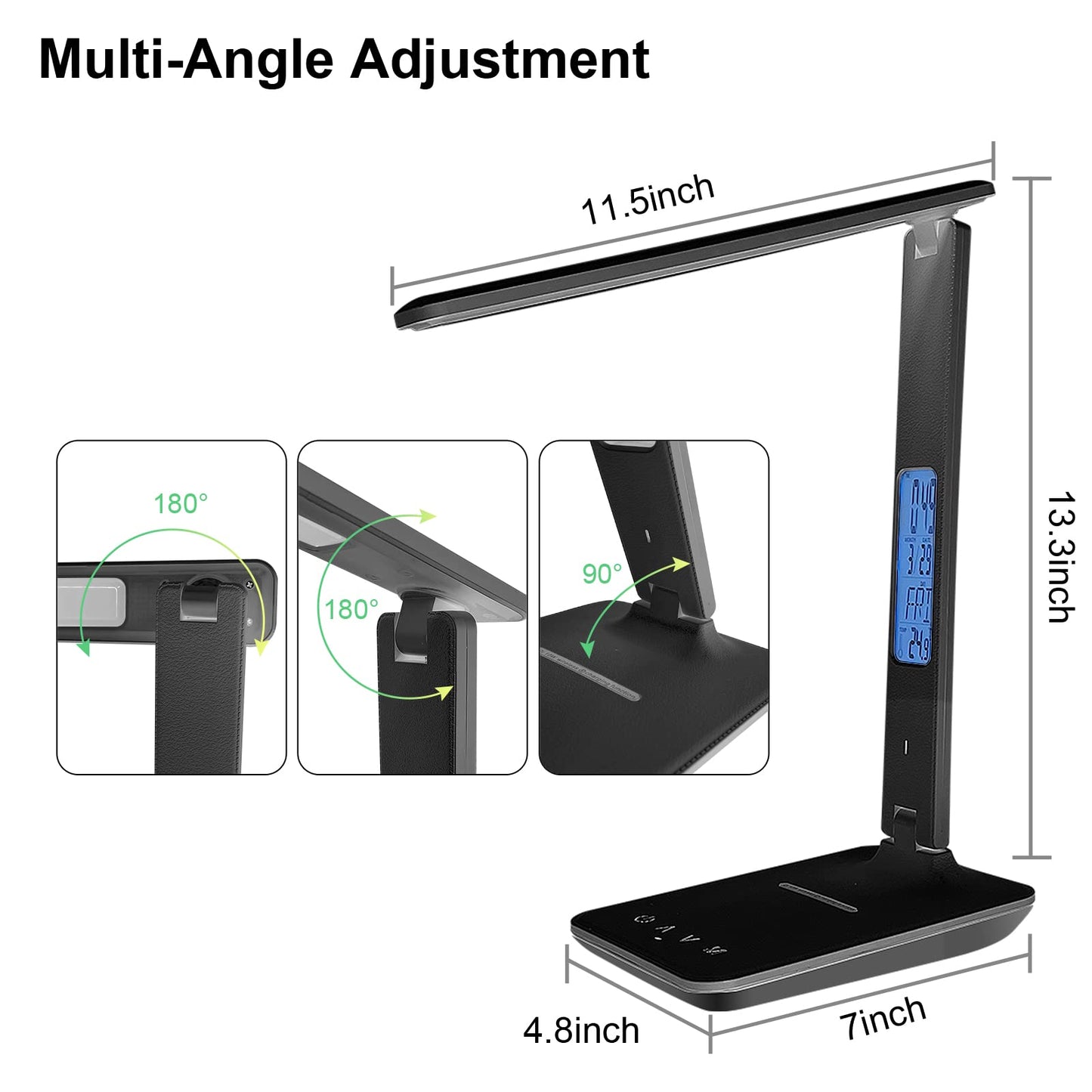 snsok Desk Lamp with Wireless Charger, USB Port, Dimmable, Clock, Alarm, Temperature, Foldable, Black, Model TX26C